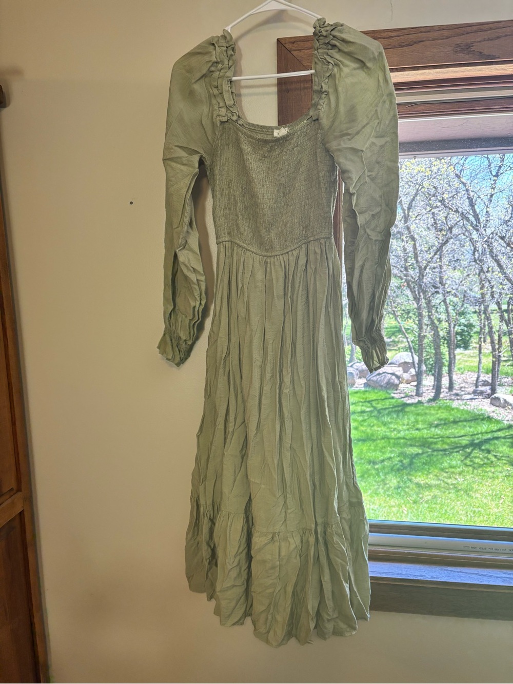 Smocked Olive Green Long Sleeve Maxi Dress